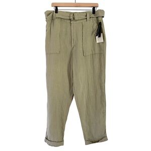 NWT Tahari Linen Women’s Straight Leg Vintage‎ Look Belted Pants Green Size XL
